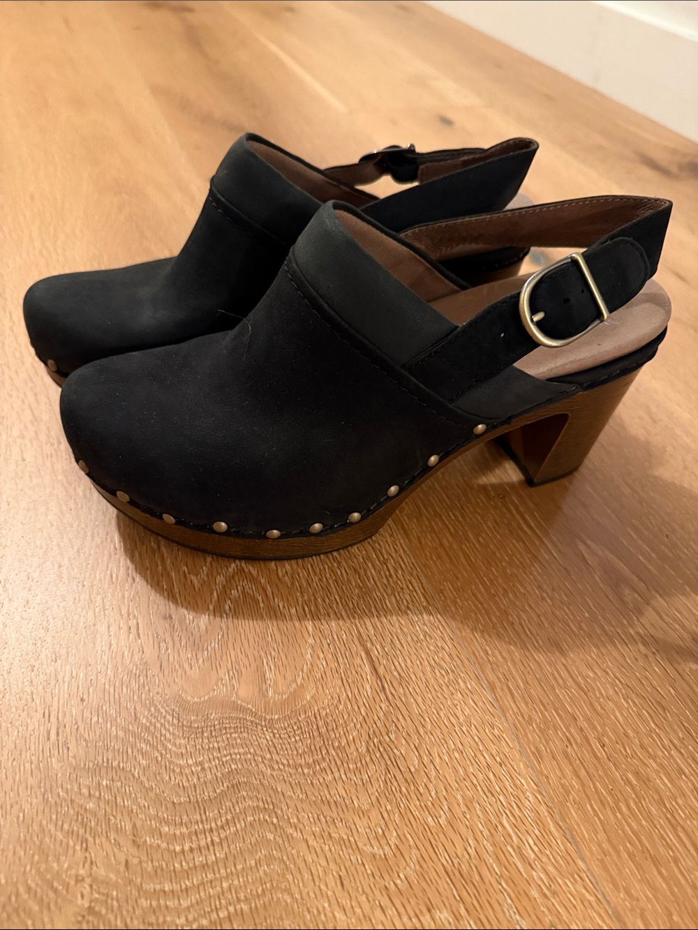Dansko Black Suede Studded Slingback Clogs